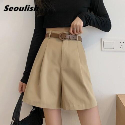 Seoulish 2021 New Summer Wide Leg Women Suit Half Pants Buttons High Waist Minimalism Knee Length Pant Elegant Loose Trousers