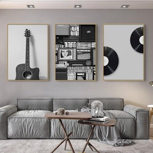 Nordic black white record guitar canvas painting Wall art Picture for Living Room morden Decoration Picture home Decor No Frame