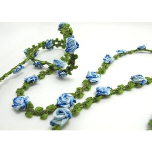 2 Yards Woven Rococo Ribbon Trim with Blue Rose Flower Buds|Decorative Floral Ribbon|Scrapbook Materials|Decor|Craft Supplies