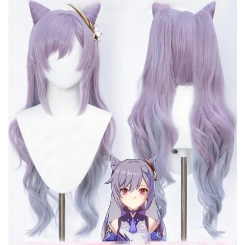 Genshin Impact Wig Keqing Cosplay Purple Long Curly Ponytails Ears Horns Pigtails Heat Resistant Synthetic Hair Wigs + Wig Cap