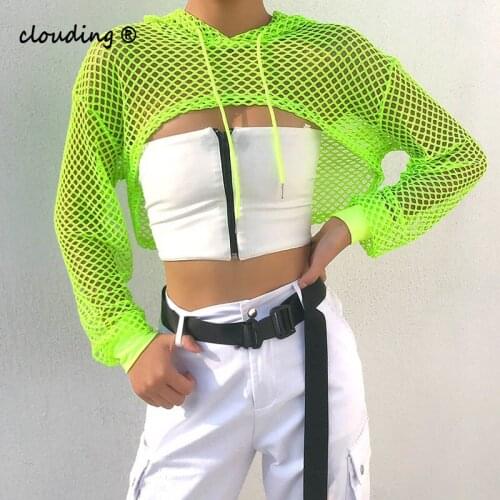 Streetwear Neon Green Mesh Fishnet Top Women Tshirt Perspective Smock Long Sleeve Womens T-shirts Sexy Cropped Shirt
