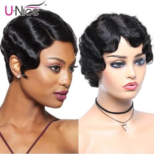 UNice Hair Pixie Cut Wig Machine Made Human Hair Wigs Short Ocean Wave Wig Affordable 1920s Flapper Wigs for Women Human Hair