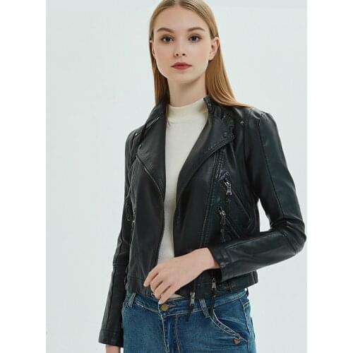 Spring and autumn 2021 womens jacket long sleeve leather coat PU leather locomotive short slim stand collar leather coat women