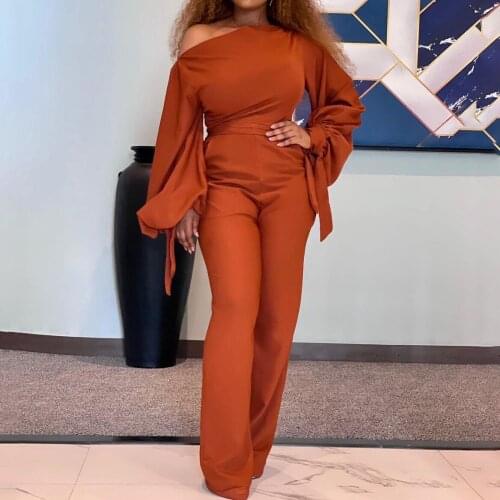 African Ladies Long Jumpsuits Large Big Size Cold Shoulder Lantern Sleeve High Waisted Elegant Evening Party Rompers & Jumpsuits