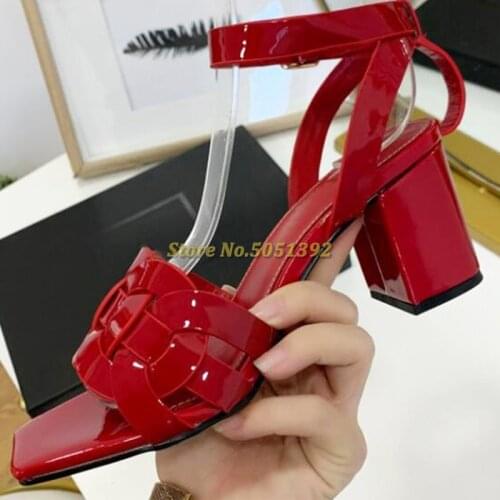 Candy Color Patent Leather Sandals Square toe Chunky Heel Women Cross Braid Ladies Runway Shoes Ankle Strap Block Heel Shoe