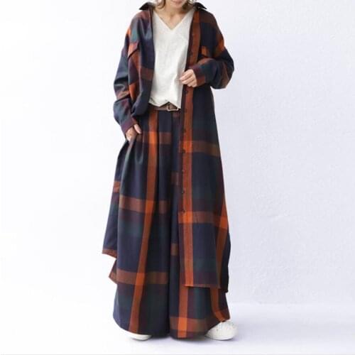 Female new spring and summer plus size plaid long sleeve cardigan shirt + pant loose two piece set