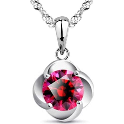 100% 925 sterling silver new fashion red crystal rose flower ladies`pendant necklace jewelry short water-wave chain wholesale