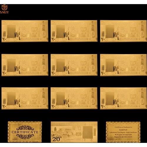 10PCS/Lot Asian Currency Paper Oman 20 Rial 24k Gold Plated Fake Money Replica Banknote Collections