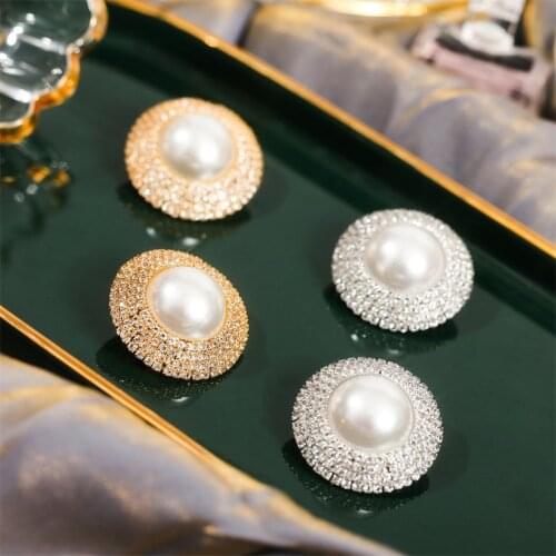 Classic Ladies Bling Rhinestone Round Large Stud Earrings For Women Gold Silver Color Metal White Pearl Earring Luxury Jewelry