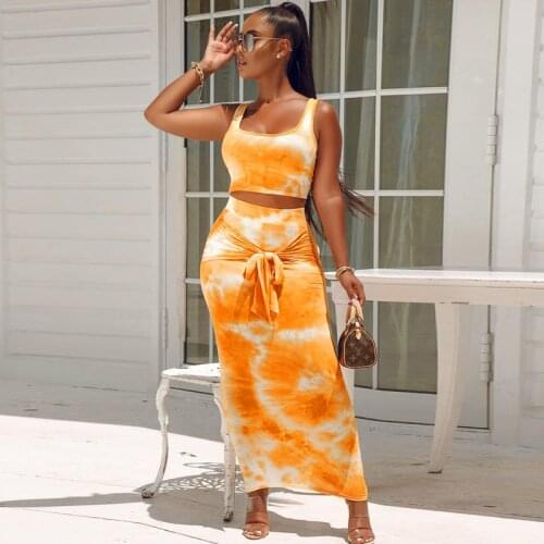 NORMOV Women Suit Sexy Sleeveless Skinny Tops High Waist Bandage Skirts Summer Tie Dye Polyester Sheath Femme Sets