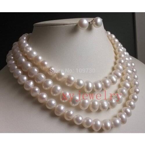 Nice genuine cultured 9-10mm white off round pearl necklace 48 " & earrings set