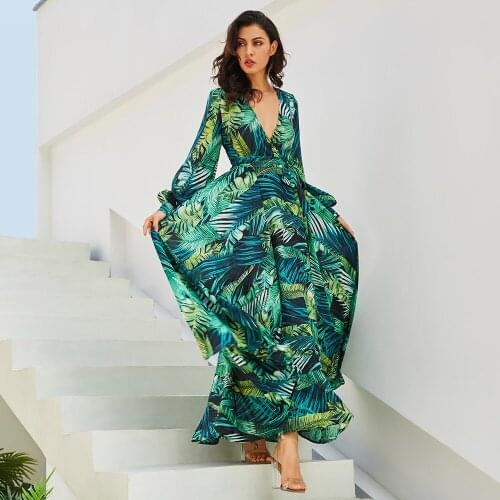 Summer Long Sleeve Green Dress Coconut Tree Beach Vintage Maxi Dresses Boho Casual V Neck Belt Lace Up Plus Size Dress