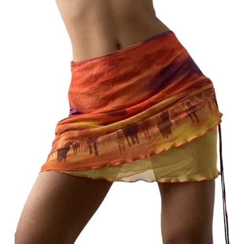 Summer Print Skirt Women Floral Double Mesh A-Line Y2K Skirt Harajuku Casual High Waist Party Streetwear Beach E-girl Mini Skirt