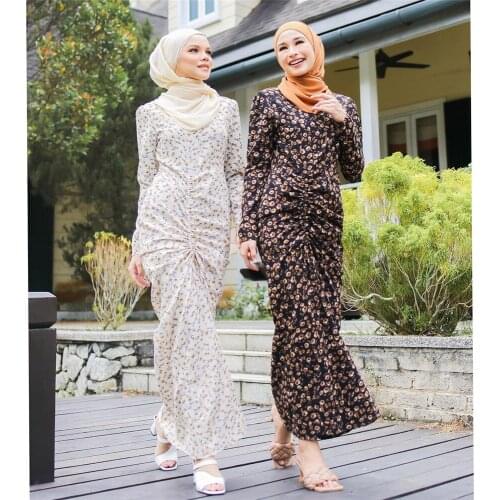 Eid Floral Print Maxi Dress Abaya Muslim Women Spring Long Sleeve Drawstring Slim Waist Dresses kaftan Dubai Turkey Clothes New