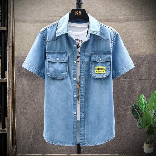 Mens Blue Denim Shirts Short Sleeve Jean Shirts New Summer High Quality Men Cotton Light Blue Denim Shirts Size 3XL