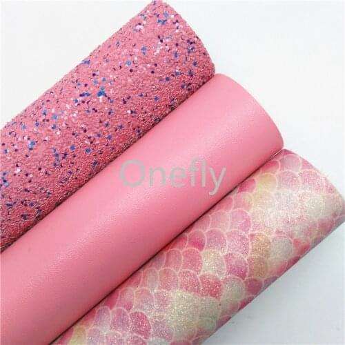 Onefly PINK Chunky Glitter Leather, Mermaid Faux Leather Glitter Fabric Sheets For Bow DIY handbags shoes BQ010