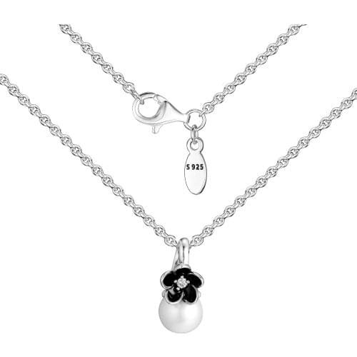 CKK 925 Sterling Silver Floral White Freshwater Cultured Pearl Black Enamel Necklace Pendants Original Jewelry