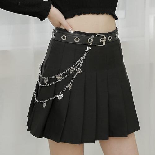 Fashion Women Pu Leather Belt New Punk Style Adjustable Pin Buckle Black Blets with Butteryfly Chain