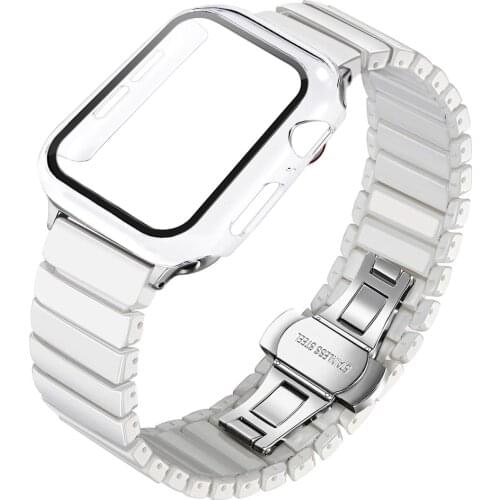 2pcs for apple watch se 6 44mm 40mm band + case with screen protector for iwatch 5 4 3 42mm 38mm luxury Ceramic strap + cases