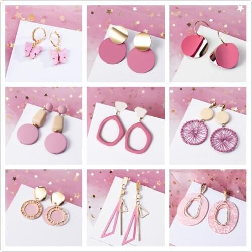Pink Color Flower Drop Earrings for Women Summer Geometry Heart Leaf Butterfly Brincos Lovely Party Jewelry Valentines Day Gift