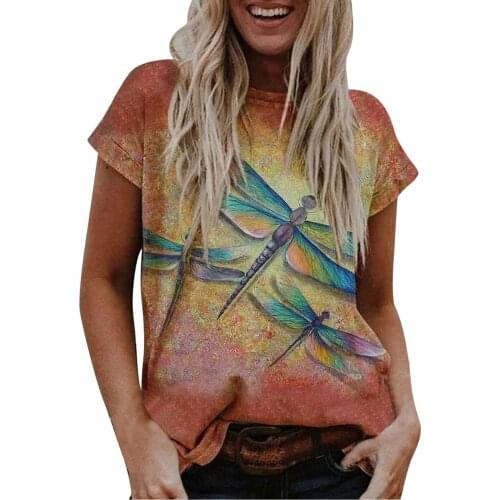 Dragonfly Printed T Shirt For Women Short Sleeve O-neck Ladies Tops Femme T-shirts Koszula Damska Tshirt Women Camiseta Mujer
