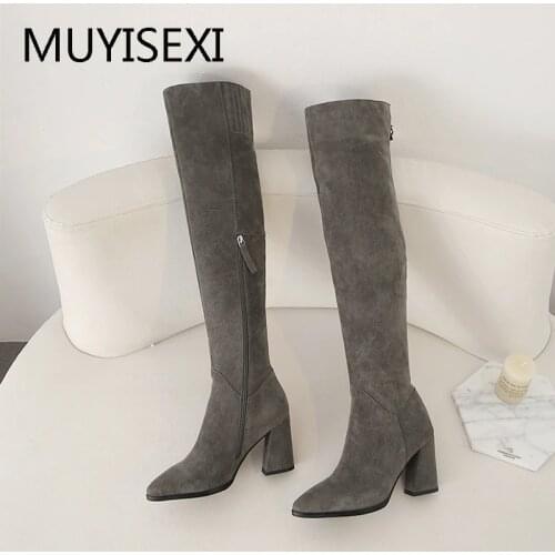 Gray Sexy Pointed Toe Over the Knee Boots 8cm High Heel Winter Thigh High Black Suede Leather Women Winter Shoes LDI13 MUYISEXI