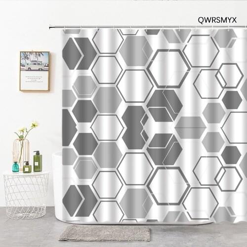 Gray Hexagonal Geometric Shower Curtains Modern Simplicity Hooks Bathroom Curtain Home Kitchen Door Curtain Bathroom Products