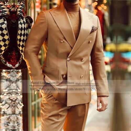 Spring Dark Khaki 2 Pieces Men Suits Double Breasted Wedding Grooms Business Suit Tuxedos Lapel Cotton Formal Blazer Marriage