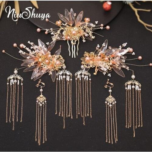 NiuShuya Vintage Chinese Flower Pearl Bride Crown Hair Combs Hairpins Tranditional Gold Wedding Costume Accessories Hairwear
