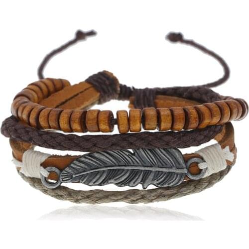 Vintage Retro Feather Charm Bracelet Multi-layer Cuff Leather Weave Bangle Adjustable Wristbands Punk Fashion Men Women Jewelry