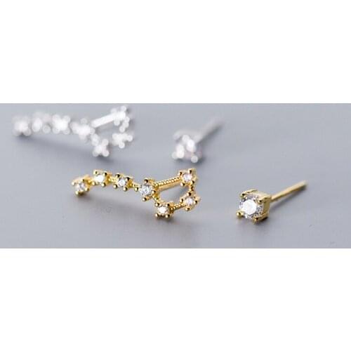 WTLTC 925 Sterling Sliver Big Dipper Stud Earrings for Women Asymmetric Star Constellation Earrings Small Cubic Zircon Earrings