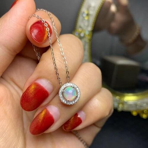 Small Silver Opal Pendant for Girl 6mm Natural Opal Necklace Pendant Solid 925 Silver Opal Jewelry Gift for Woman