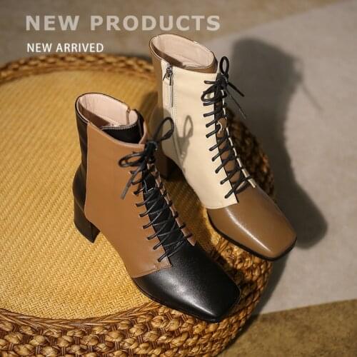 2021 Thick Heel Women Boots Ankle Boots Hot Split Leather Boots Office Lady Mixed Colors Square Toe Women Shoes Zapatos De Mujer