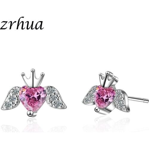 ZRHUA Newest Silver Color Stylish Stud Earrings for Women Heart Crown Wedding Jewelry pendientes mujer moda Brincos