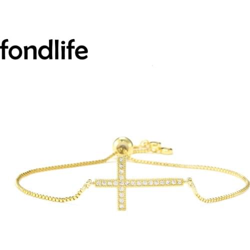 Shiny AAA Cubic Zirconia Crystal Christian Cross Charm Bracelet Women Religious Faith Brass CZ Chain Adjustable Trendy Jewelry