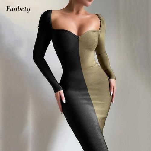 2021 New Ladies Elegant Midi Slim Dress Fashion Sexy Square Collar Long Sleeve Slim Party Dresses Women Backless Bodycon Dresses