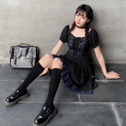 Puff Short Sleeve Lady Pleated Empire Sweet Plaid Spliced Dresses Dark Gothic Girl Lolita Mini Dress Summer Korean Fashion Cloth