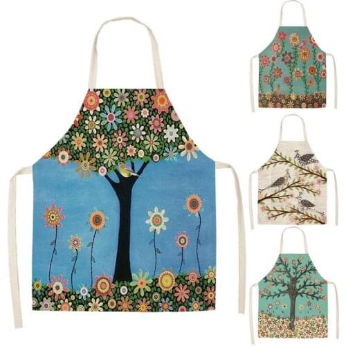 1 Pcs Flower Tree Printed Cotton Linen Sleeveless Aprons Home Cleaning Kitchen Cooking Baking Apron For Women Men WQ10