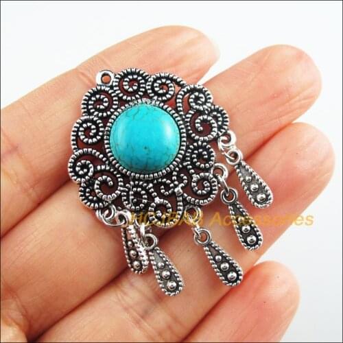 4 New Flower Charms Tibetan Silver Stone Teardrop Tassels Pendants Retro 30x45mm