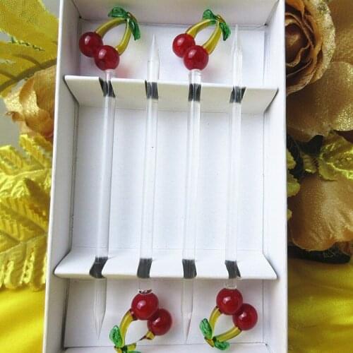 4ps Custom murano glass fruit fork wedding set cherry shape sculpture decoration restaurant accessories fruit label dessert fork