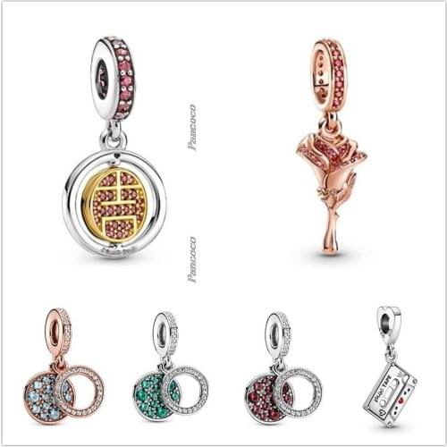 Authentic 925 Sterling Silver Rose Flower Dangle Charm Beads Fit Women Pandora Bracelet & Necklace Jewelry