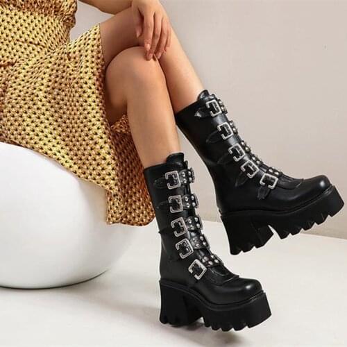 Black Demons Gothic Platform Shoes Punk Dark Goth Lolita Maid Shoes Mary Jane Shoes Mid Calf Military Combat Boots