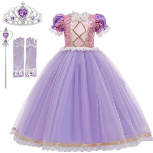 2021 Snow White Princess Dress For Girls Puff Sleeve Sequined Tulle Lace Cloth For Children 4 Pcs Cosplay ElegantCostume For Kid