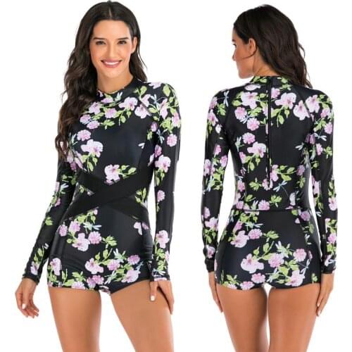 Women One piece Long-sleeved Back Zipper Surfing Suit Sunscreen Swimsuit High Waist Bikini Swimwear Bather Creative Printing