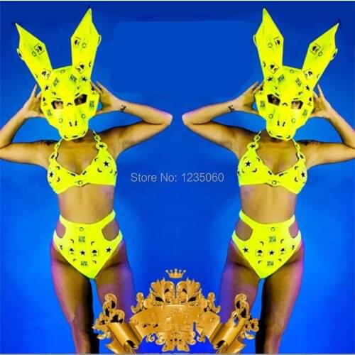 Sexy Lady Fluorescent Rabbit Headwear Masquerade Party Event Bikini Suit Cloth Dance Team Fluorescent Performance DS DJ Costume