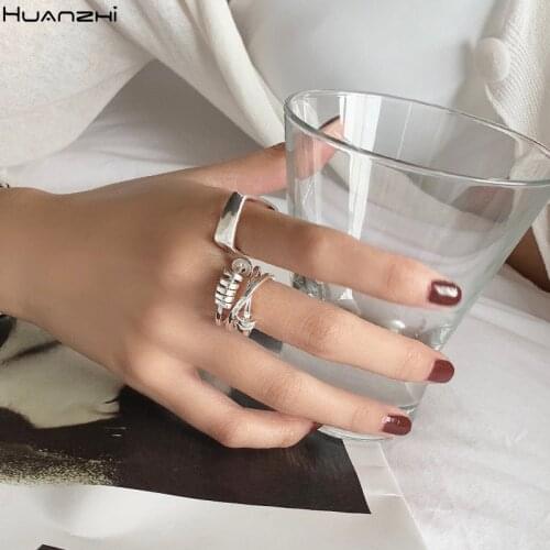 HUANZHI 2020 New Trendy Metal Geometric Irregular Silver Color Twisted Multilayer Wide Adjustable Opening Ring for Women Jewelry