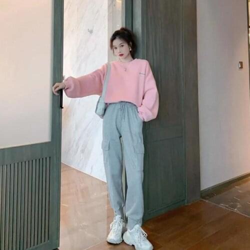 MEDR 2021 Womens Spring Fashion Two-piece Sport Suit Solid Color Casual Cotton Sweatshirt And Loose Pants Suit For Fitness
