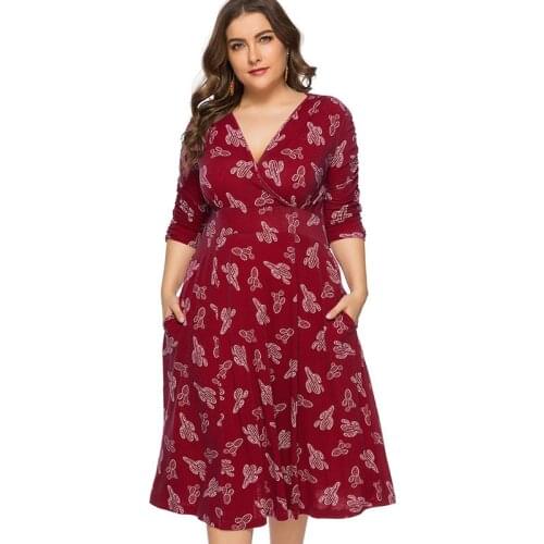 MK 2019 Summer new arrival Womens Plus Size midi Print dress fashion ladies V-neck sexy dresses party night