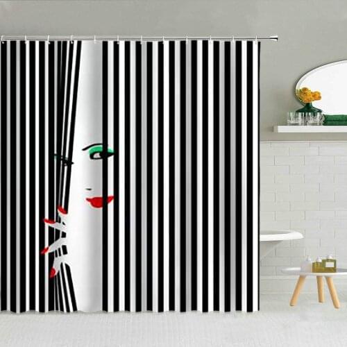 Fashion Woman 3d Printed Shower Curtain Black And White Striped Bathroom Decor 90*180 Waterproof Fabric Hook Curtains Cover Set