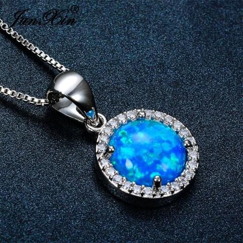 Dainty Female Blue Opal Pendant Necklace Charm Round Silver Color Wedding Necklaces For Women Cute Crystal Love Jewelry Necklace